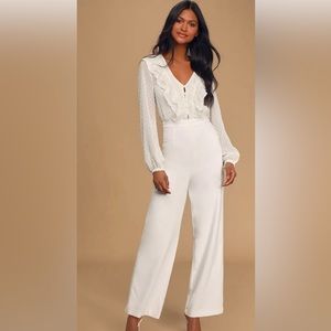 Lulus Clareese White Swiss Dot Ruffled Long Sleeve Jumpsuit